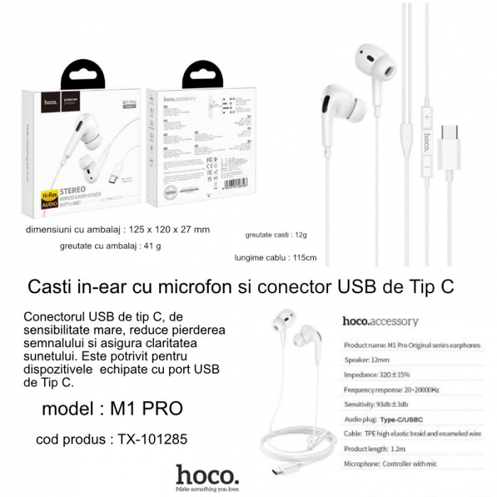 Casti in-ear cu microfon, HOCO M1 PRO, pentru smartphone, conector USB Tip C, control pe fir, cablu 115 cm, Alb [5]