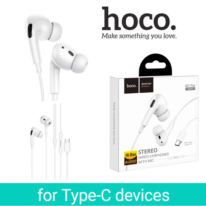Casti in-ear cu microfon, HOCO M1 PRO, pentru smartphone, conector USB Tip C, control pe fir, cablu 115 cm, Alb [4]