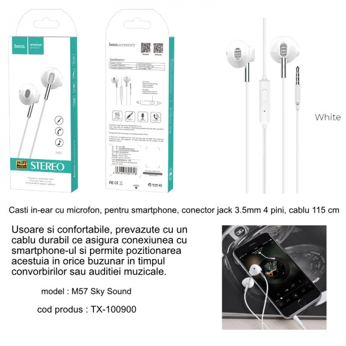 Casti in-ear cu microfon, pentru smartphone, HOCO Sky Sound M57, conector jack 3.5mm 4 pini, cablu 115 cm, Alb [5]