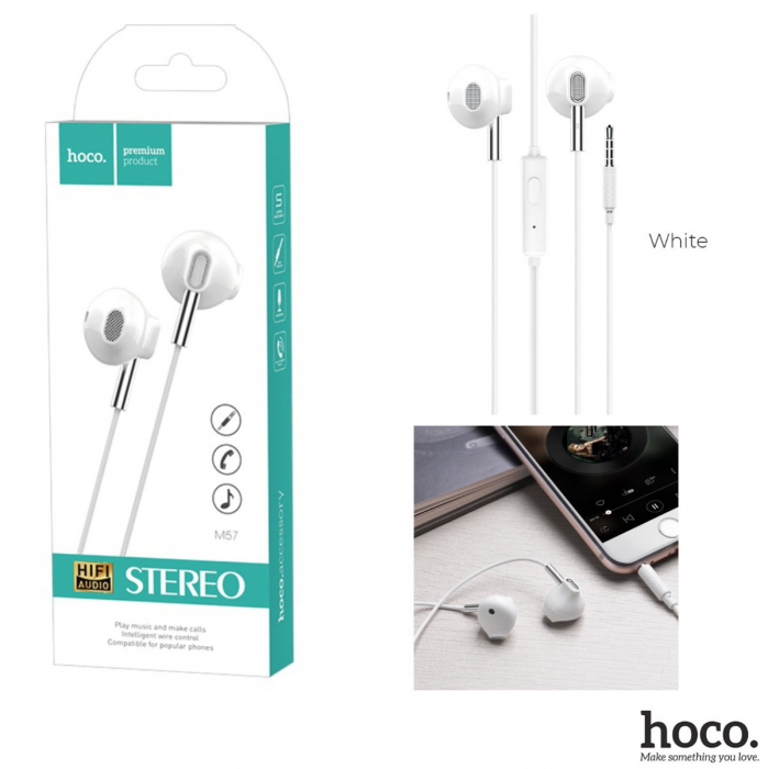 Casti in-ear cu microfon, pentru smartphone, HOCO Sky Sound M57, conector jack 3.5mm 4 pini, cablu 115 cm, Alb [4]