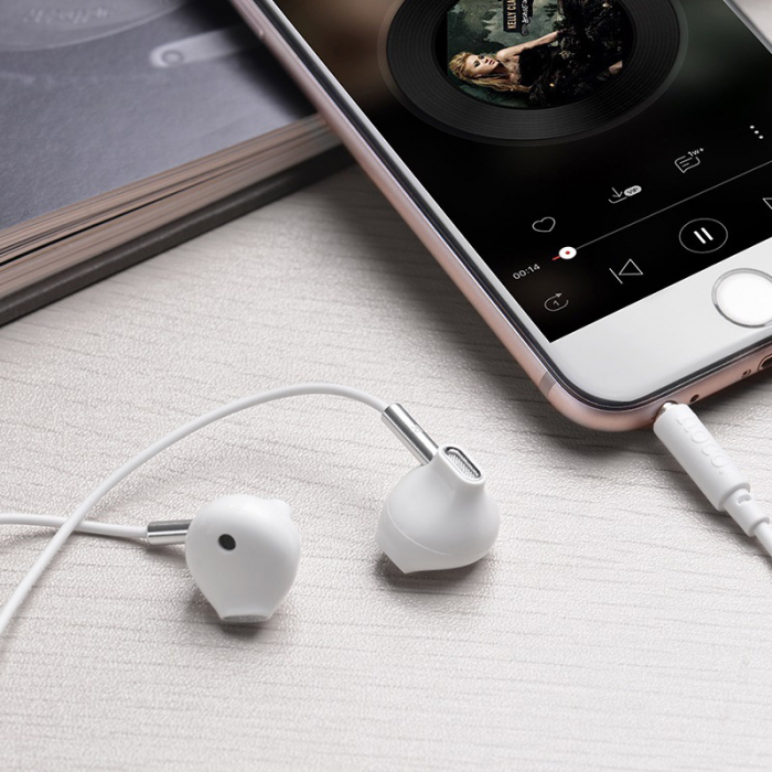 Casti in-ear cu microfon, pentru smartphone, HOCO Sky Sound M57, conector jack 3.5mm 4 pini, cablu 115 cm, Alb [6]