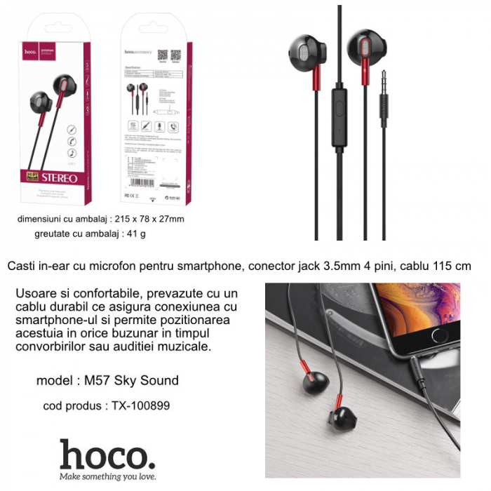 Casti In-Ear HOCO M57 Sky Sound, Cu microfon, 3.5 mm, Negru Rosu [5]