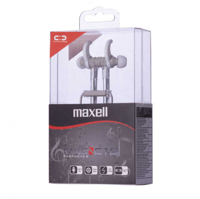 Casti in ear cu microfon, Maxell Magneto, design wing tip cu baza magnetica, jack 3.5mm, cablu plat 125cm, cu suport, albe cu gri [3]