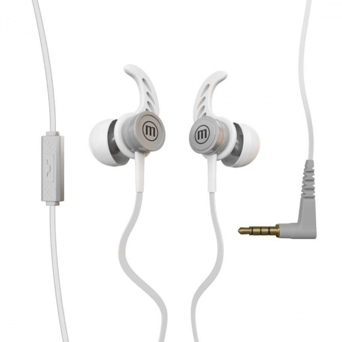 Casti in ear cu microfon, Maxell Magneto, design wing tip cu baza magnetica, jack 3.5mm, cablu plat 125cm, cu suport, albe cu gri [2]