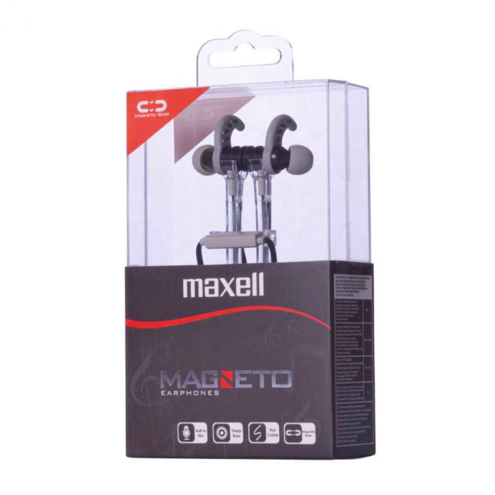 Casti in ear cu microfon, Maxell Magneto, design wing tip cu baza magnetica, jack 3.5mm, cablu plat 125cm, cu suport, negru cu gri [3]