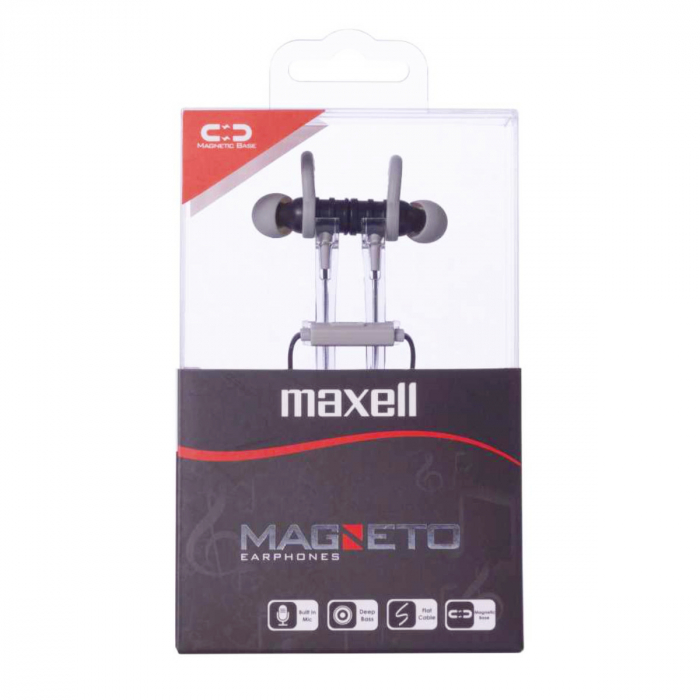 Casti in ear cu microfon, Maxell Magneto, design wing tip cu baza magnetica, jack 3.5mm, cablu plat 125cm, cu suport, negru cu gri [4]