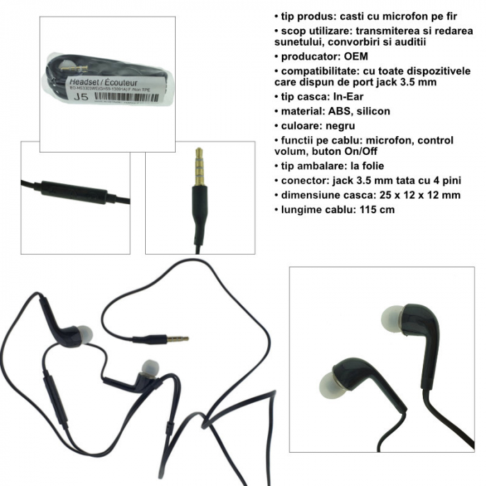 Casti In-Ear cu microfon, J5, HS3303WE, control pe fir, cablu 115 cm, conector jack 3.5mm, negre [4]