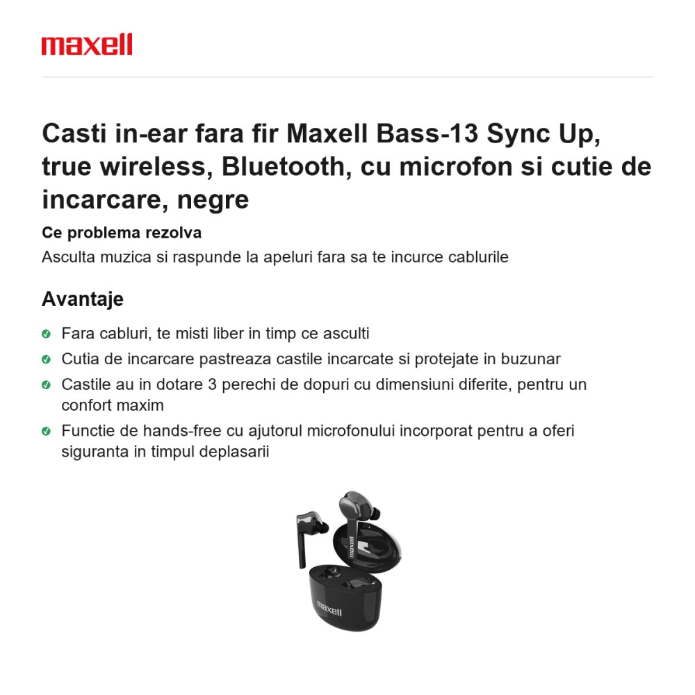 Casti in-ear fara fir Maxell Bass-13 Sync Up, true wireless, Bluetooth, cu microfon si cutie de incarcare, negre [2]