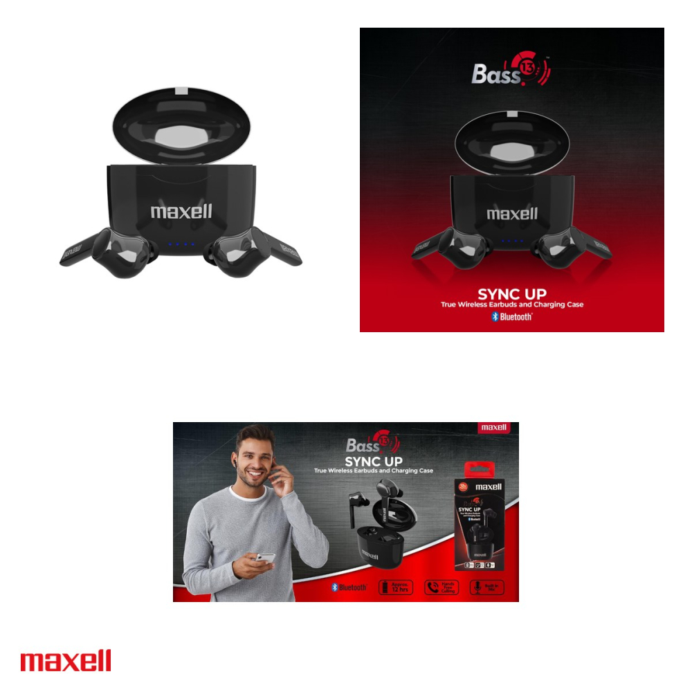 Casti in-ear fara fir Maxell Bass-13 Sync Up, true wireless, Bluetooth, cu microfon si cutie de incarcare, negre [4]