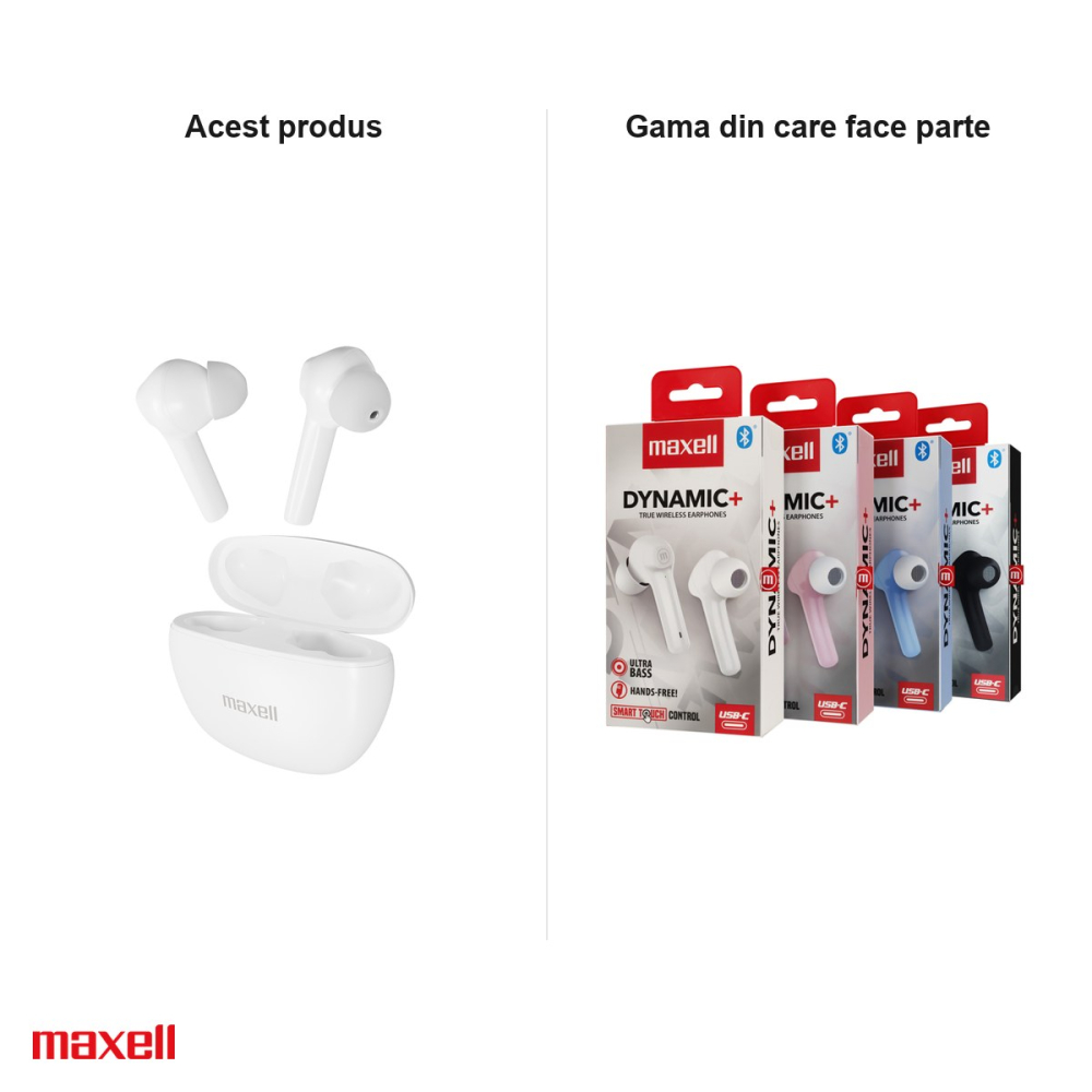 Casti in-ear fara fir Maxell Dynamic Plus, true wireless, Bluetooth, cu microfon si cutie de incarcare, albe [5]