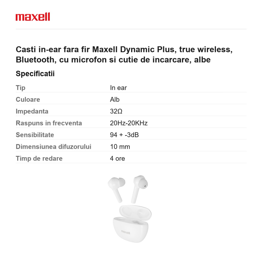 Casti in-ear fara fir Maxell Dynamic Plus, true wireless, Bluetooth, cu microfon si cutie de incarcare, albe [3]