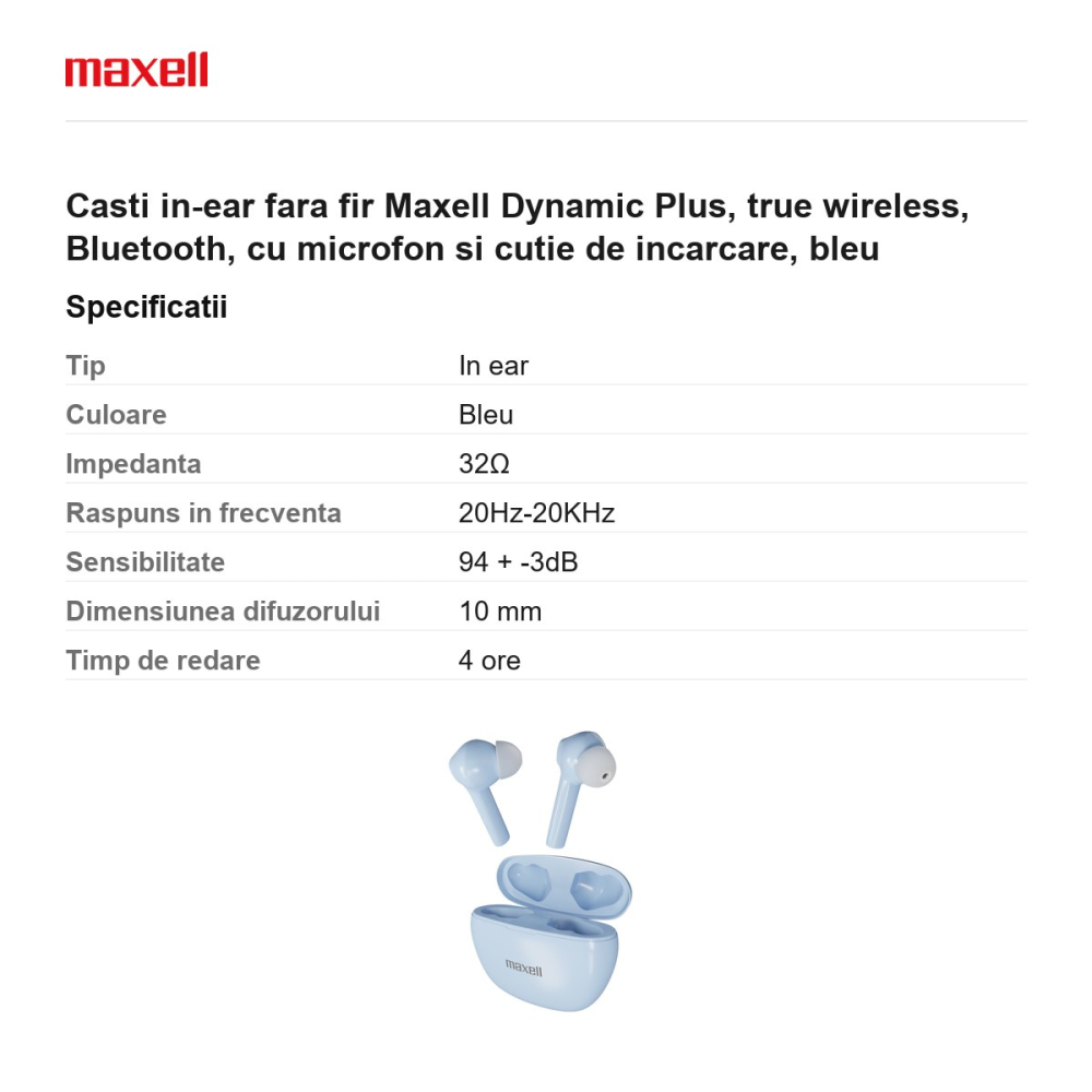 Casti in-ear fara fir Maxell Dynamic Plus, true wireless, Bluetooth, cu microfon si cutie de incarcare, bleu [3]