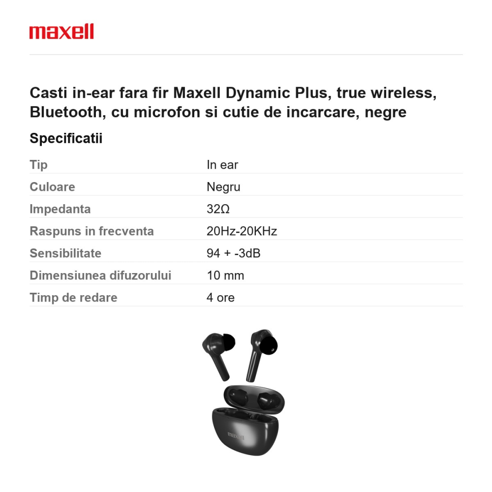 Casti in-ear fara fir Maxell Dynamic Plus, true wireless, Bluetooth, cu microfon si cutie de incarcare, negre [3]