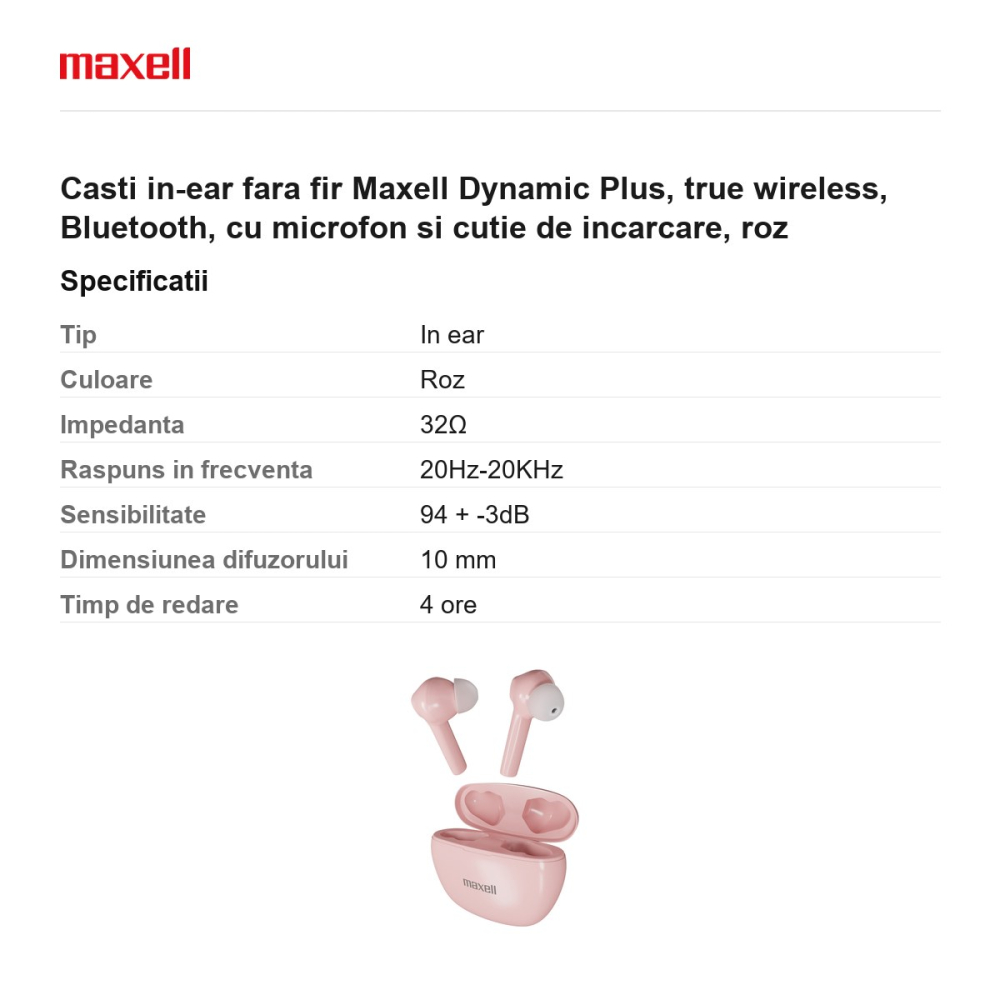 Casti in-ear fara fir Maxell Dynamic Plus, true wireless, Bluetooth, cu microfon si cutie de incarcare, roz [3]