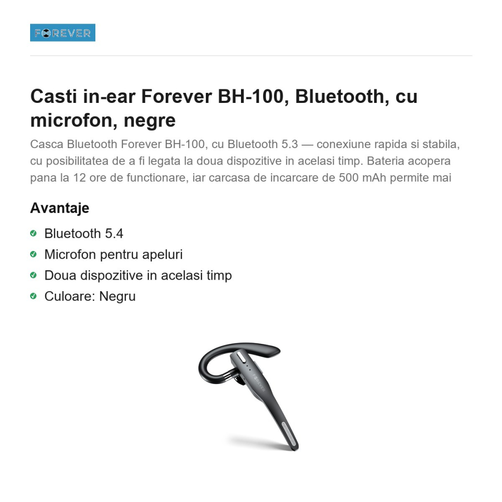 Casti in-ear Forever BH-100, Bluetooth, cu microfon, negre [2]