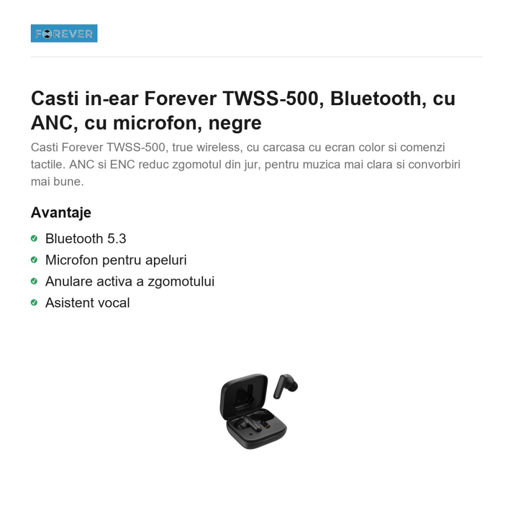 Casti in-ear Forever TWSS-500, Bluetooth, cu ANC, cu microfon, negre [2]