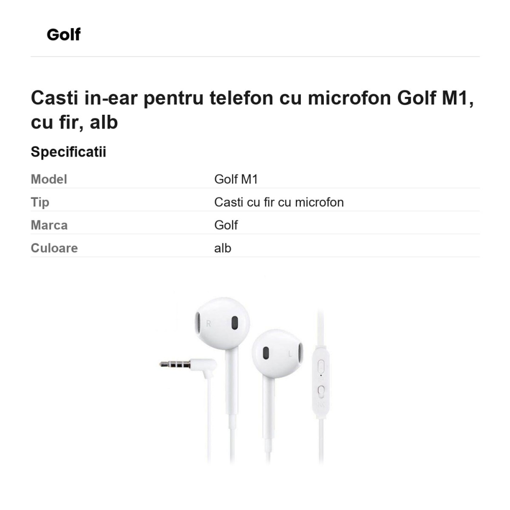 Casti in-ear pentru telefon cu microfon Golf M1, cu fir, alb [3]