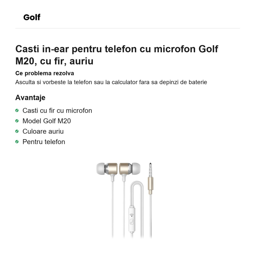 Casti in-ear pentru telefon cu microfon Golf M20, cu fir, auriu [2]