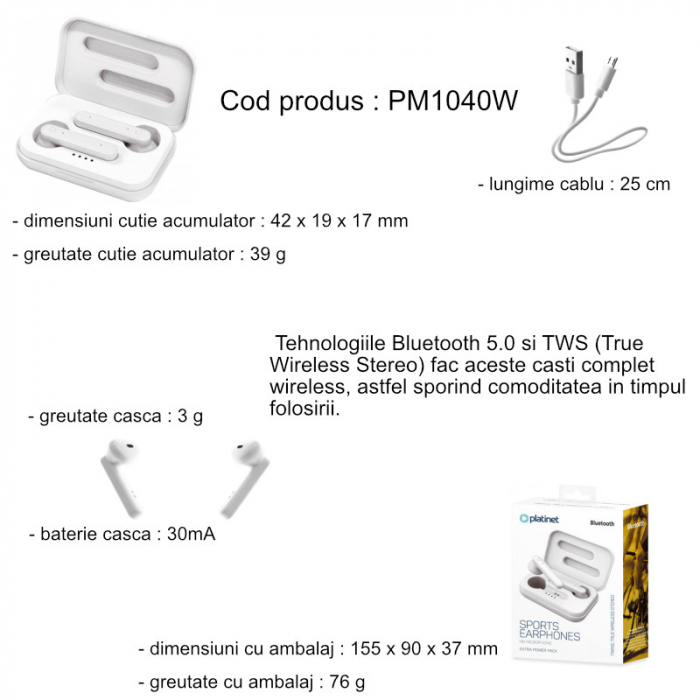 Casti In-Ear wireless, Platinet PM1040 Aura, Bluetooth v.5.0, cu statie de incarcare, albe [7]