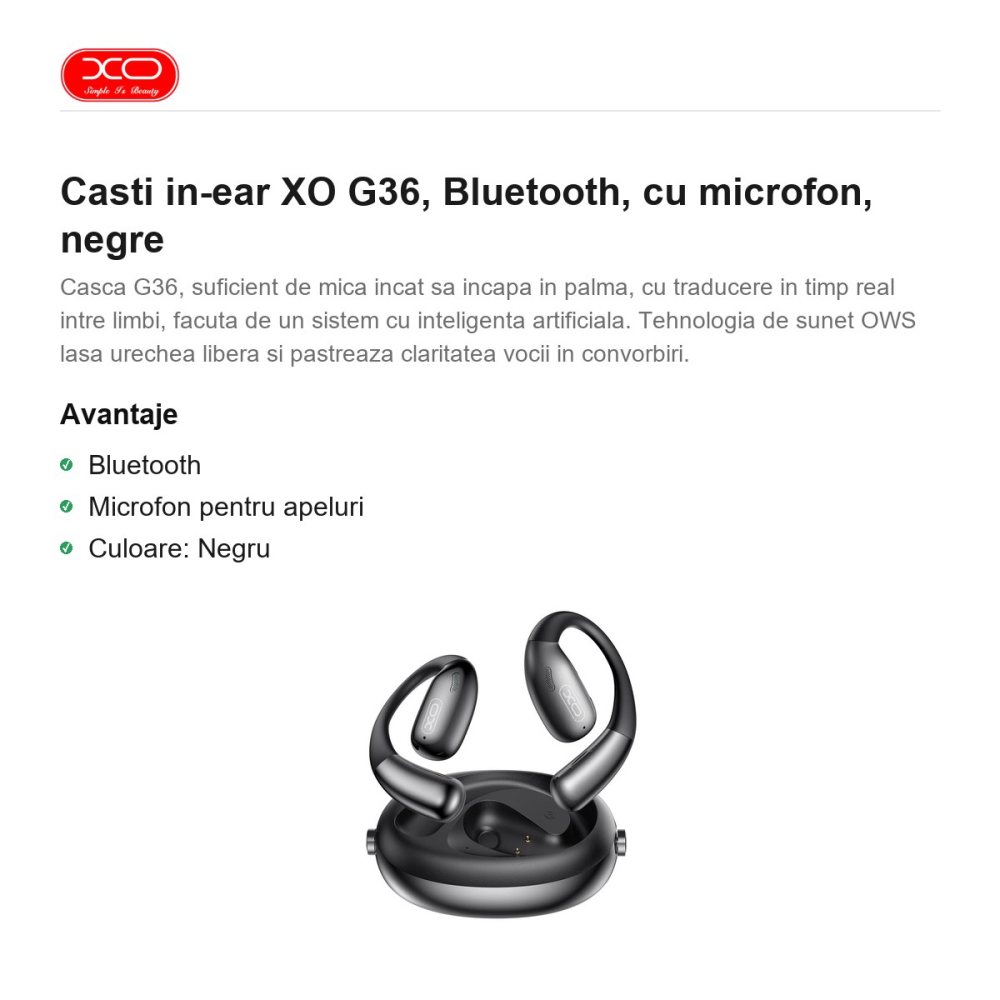 Casti in-ear XO G36, Bluetooth, cu microfon, negre [2]
