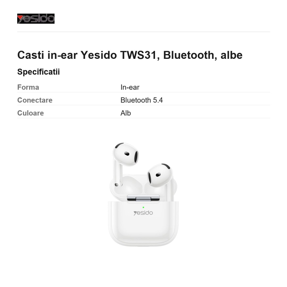 Casti in-ear Yesido TWS31, Bluetooth, albe [3]