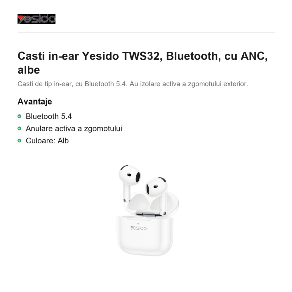 Casti in-ear Yesido TWS32, Bluetooth, cu ANC, albe [2]