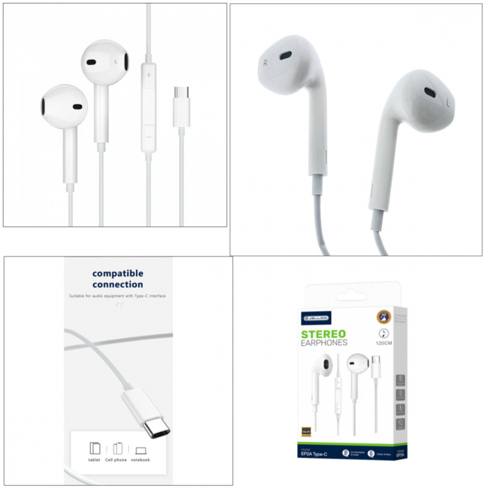 Casti JELLICO EP2A, conector USB-C, cu microfon, cablu 1.2M, semi-In-Ear, sunet puternic, bass profund, albe [2]