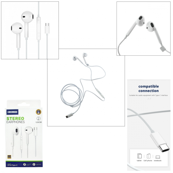 Casti JELLICO EP2A, conector USB-C, cu microfon, cablu 1.2M, semi-In-Ear, sunet puternic, bass profund, albe [5]