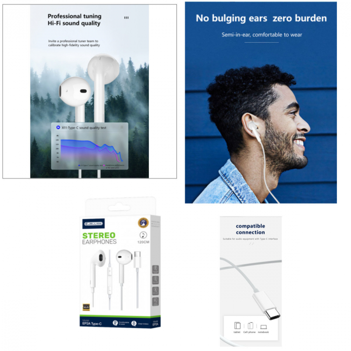 Casti JELLICO EP2A, conector USB-C, cu microfon, cablu 1.2M, semi-In-Ear, sunet puternic, bass profund, albe [4]