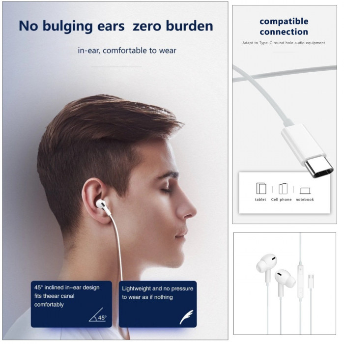 Casti JELLICO EP3A, conector USB-C, cu microfon, cablu 1.2M, In-Ear, design inclinat 45°, bass profund, albe [5]