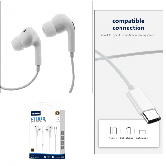 Casti JELLICO EP3A, conector USB-C, cu microfon, cablu 1.2M, In-Ear, design inclinat 45°, bass profund, albe [2]