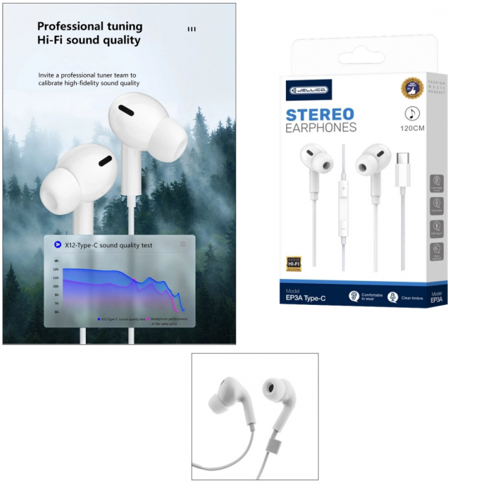 Casti JELLICO EP3A, conector USB-C, cu microfon, cablu 1.2M, In-Ear, design inclinat 45°, bass profund, albe [3]