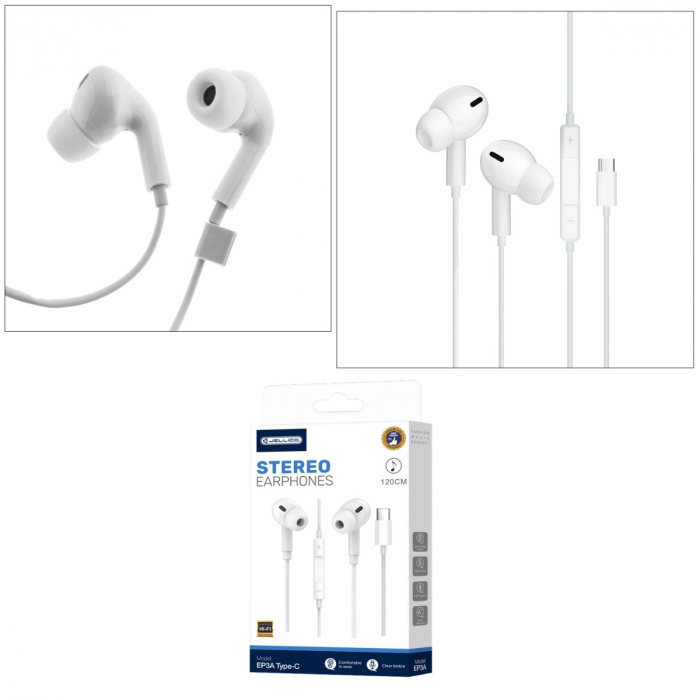 Casti JELLICO EP3A, conector USB-C, cu microfon, cablu 1.2M, In-Ear, design inclinat 45°, bass profund, albe [4]