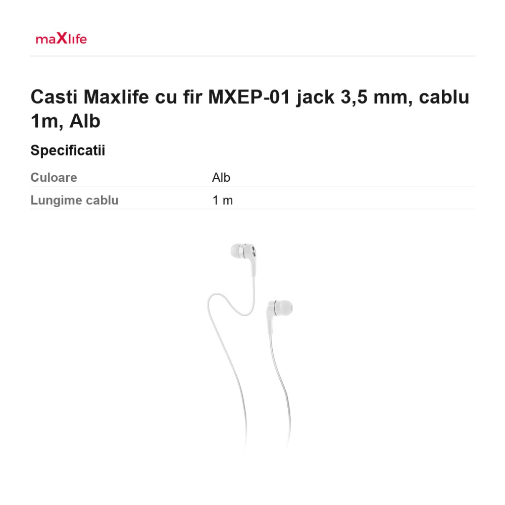 Casti Maxlife cu fir MXEP-01 jack 3,5 mm, cablu 1m, Alb [3]