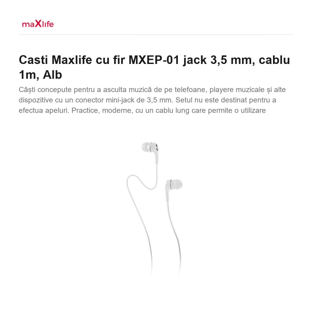 Casti Maxlife cu fir MXEP-01 jack 3,5 mm, cablu 1m, Alb [2]