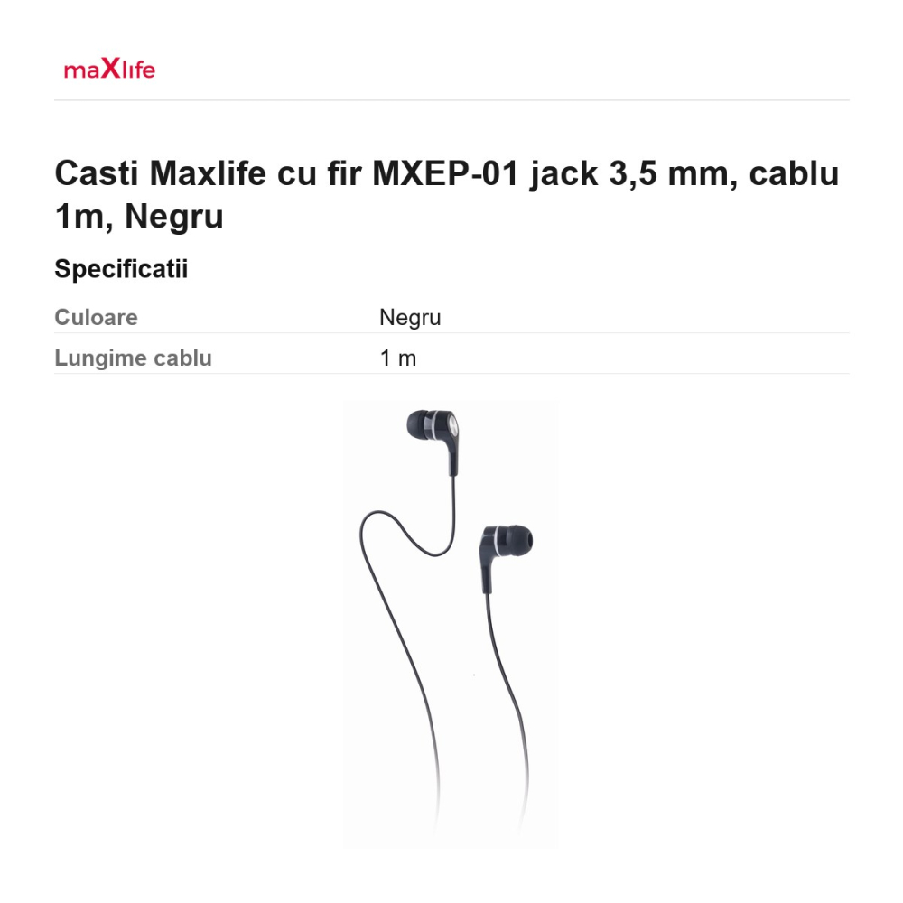 Casti Maxlife cu fir MXEP-01 jack 3,5 mm, cablu 1m, Negru [3]