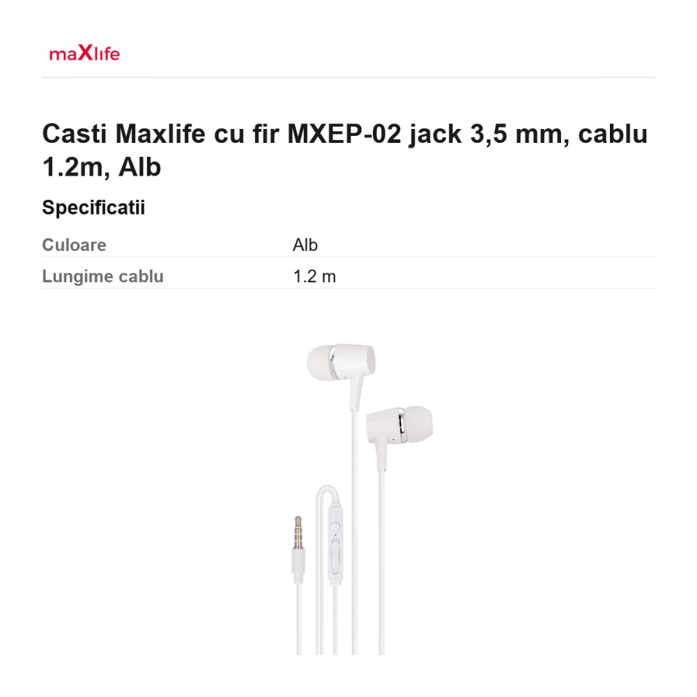 Casti Maxlife cu fir MXEP-02 jack 3,5 mm, cablu 1.2m, Alb [3]