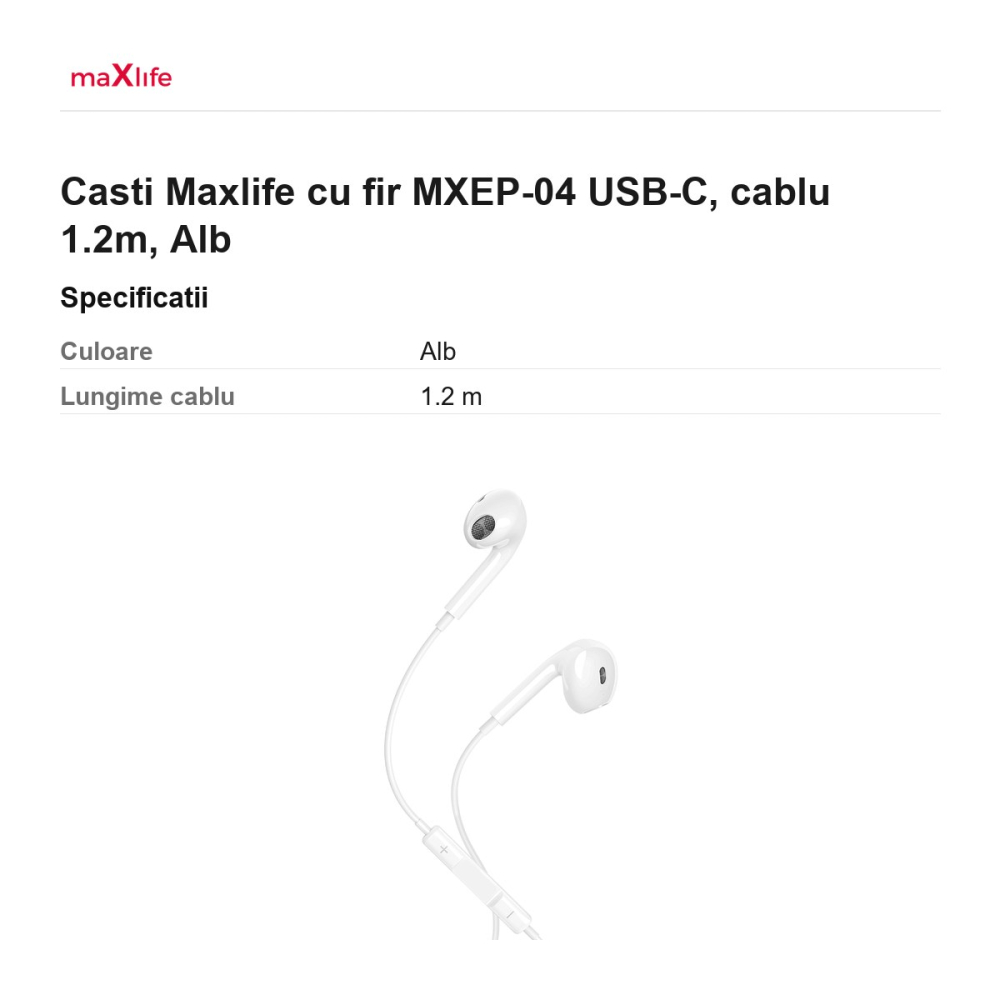 Casti Maxlife cu fir MXEP-04 USB-C, cablu 1.2m, Alb [3]