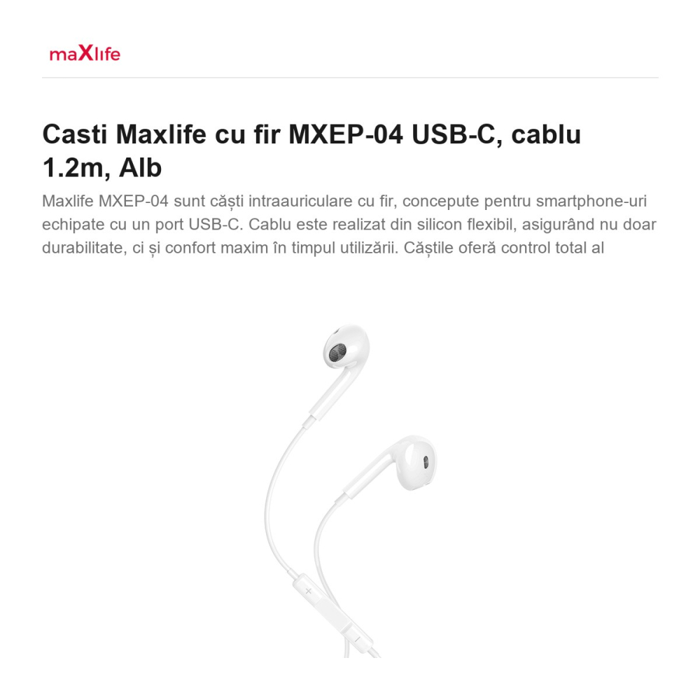 Casti Maxlife cu fir MXEP-04 USB-C, cablu 1.2m, Alb [2]