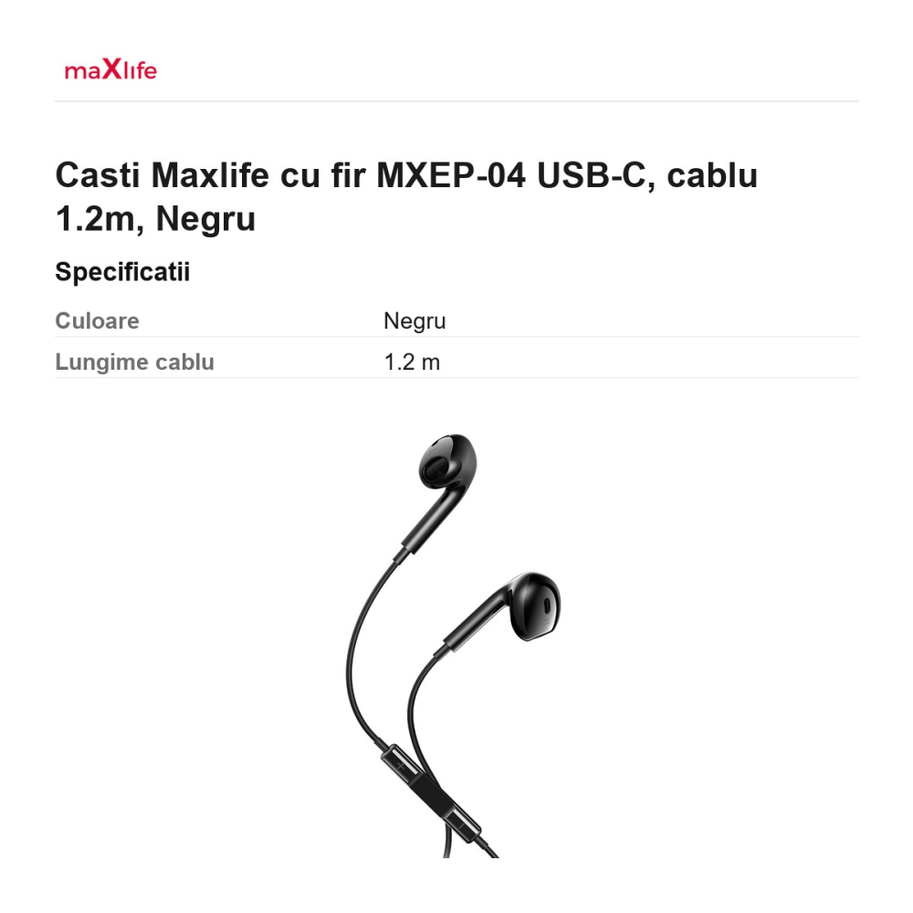 Casti Maxlife cu fir MXEP-04 USB-C, cablu 1.2m, Negru [3]