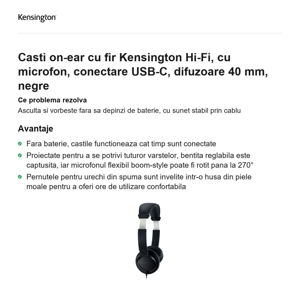 Casti on-ear cu fir Kensington Hi-Fi, cu microfon, conectare USB-C, difuzoare 40 mm, negre [2]