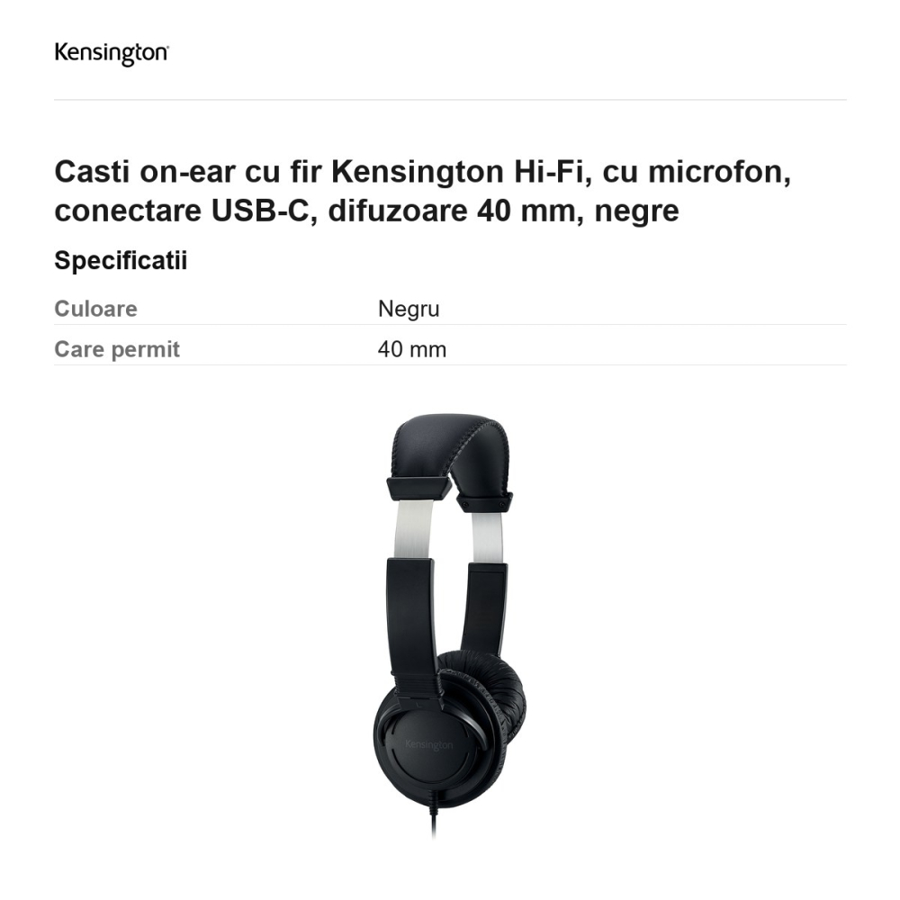 Casti on-ear cu fir Kensington Hi-Fi, cu microfon, conectare USB-C, difuzoare 40 mm, negre [3]