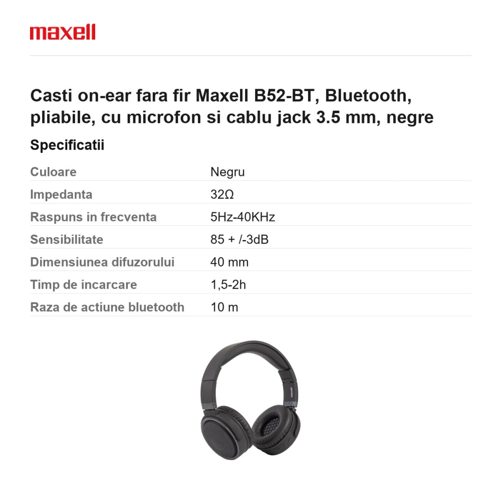 Casti on-ear fara fir Maxell B52-BT, Bluetooth, pliabile, cu microfon si cablu jack 3.5 mm, negre [3]
