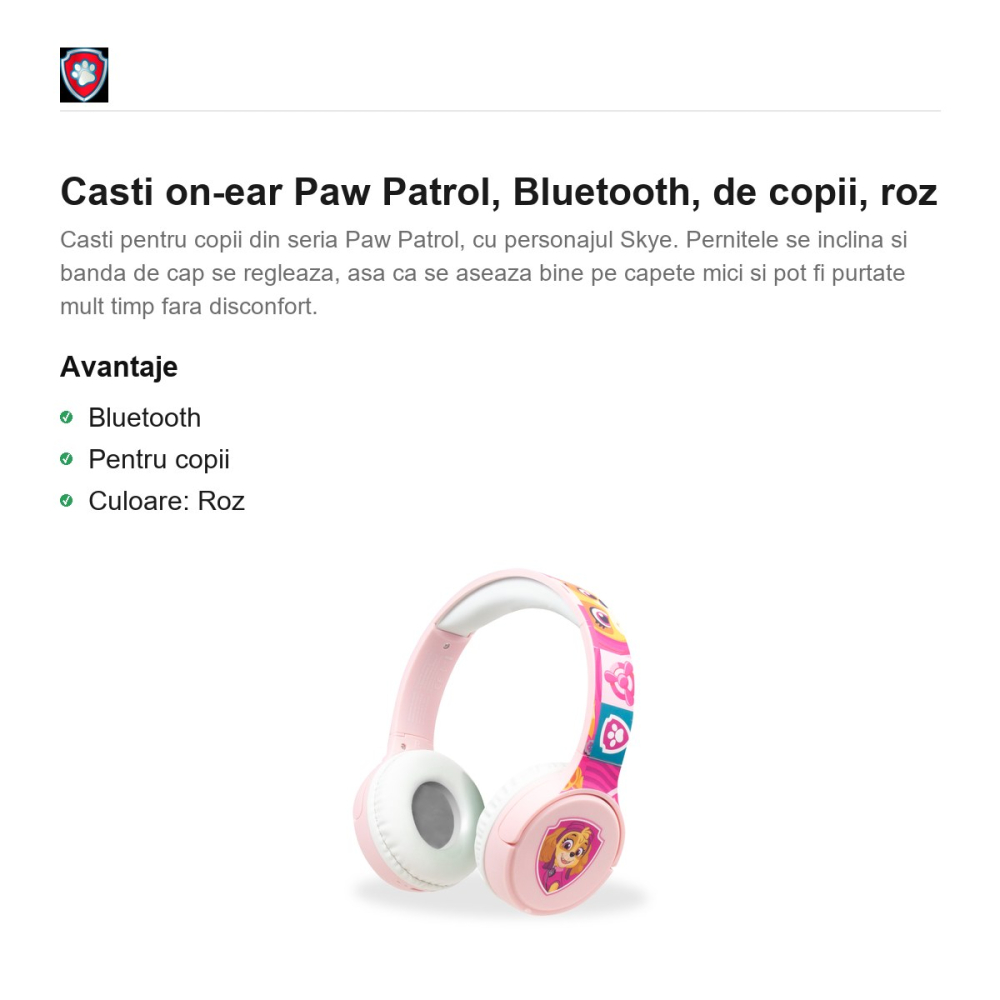 Casti on-ear Paw Patrol, Bluetooth, de copii, roz [2]