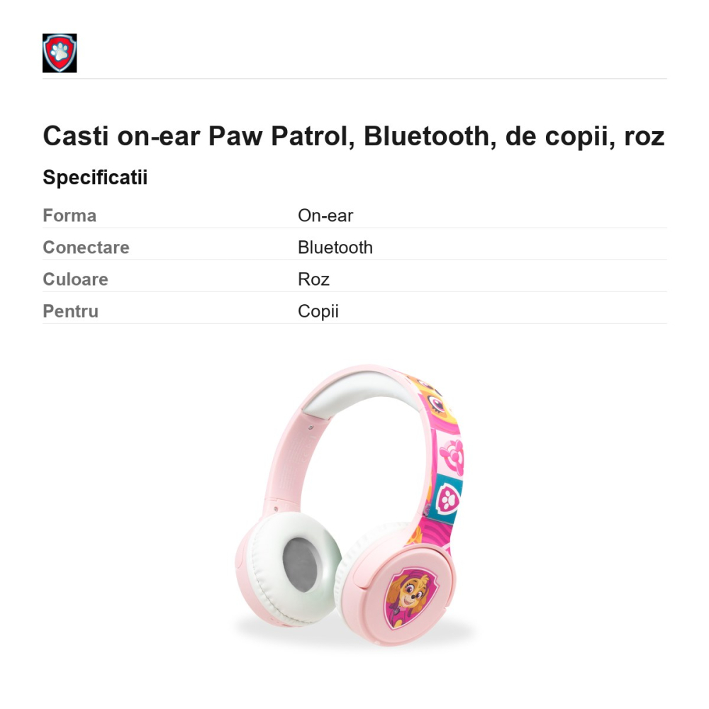 Casti on-ear Paw Patrol, Bluetooth, de copii, roz [3]
