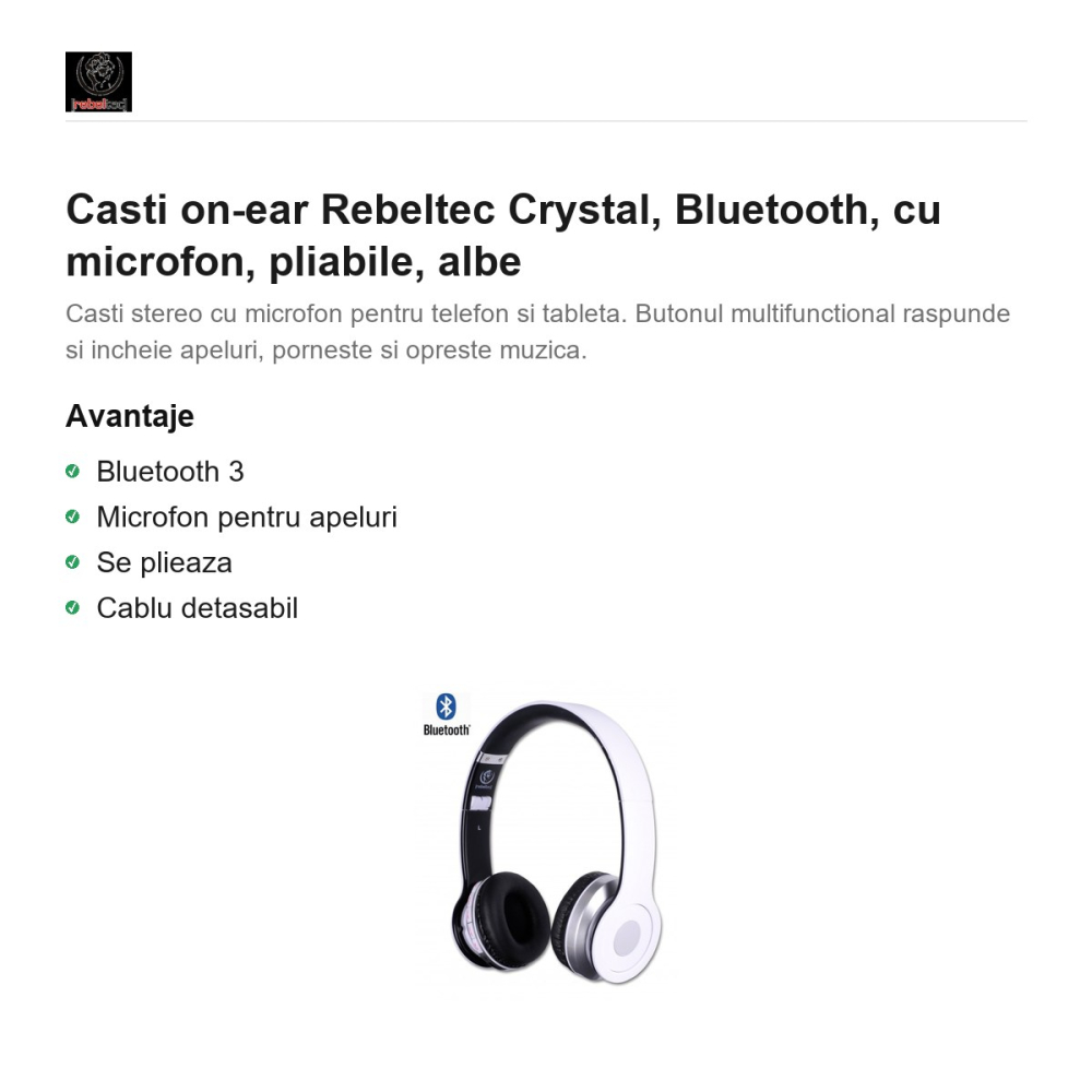 Casti on-ear Rebeltec Crystal, Bluetooth, cu microfon, pliabile, albe [2]