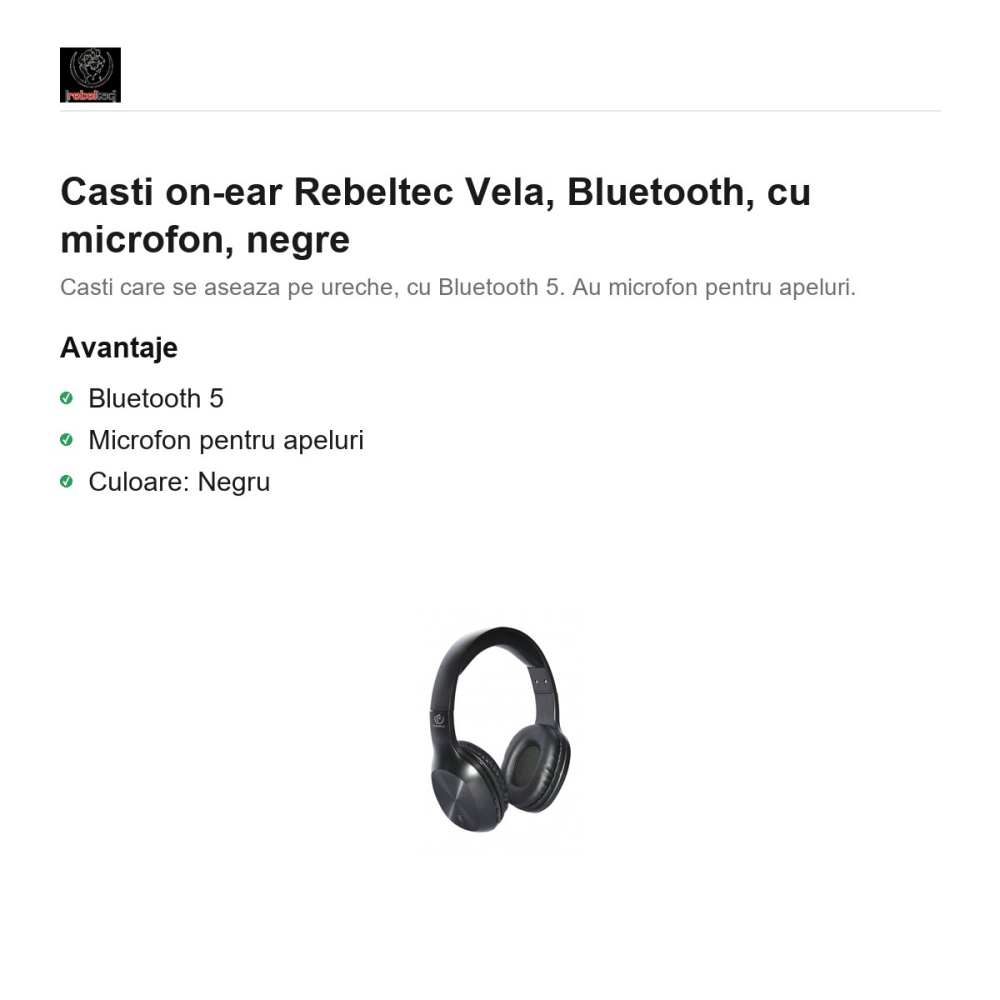 Casti on-ear Rebeltec Vela, Bluetooth, cu microfon, negre [2]