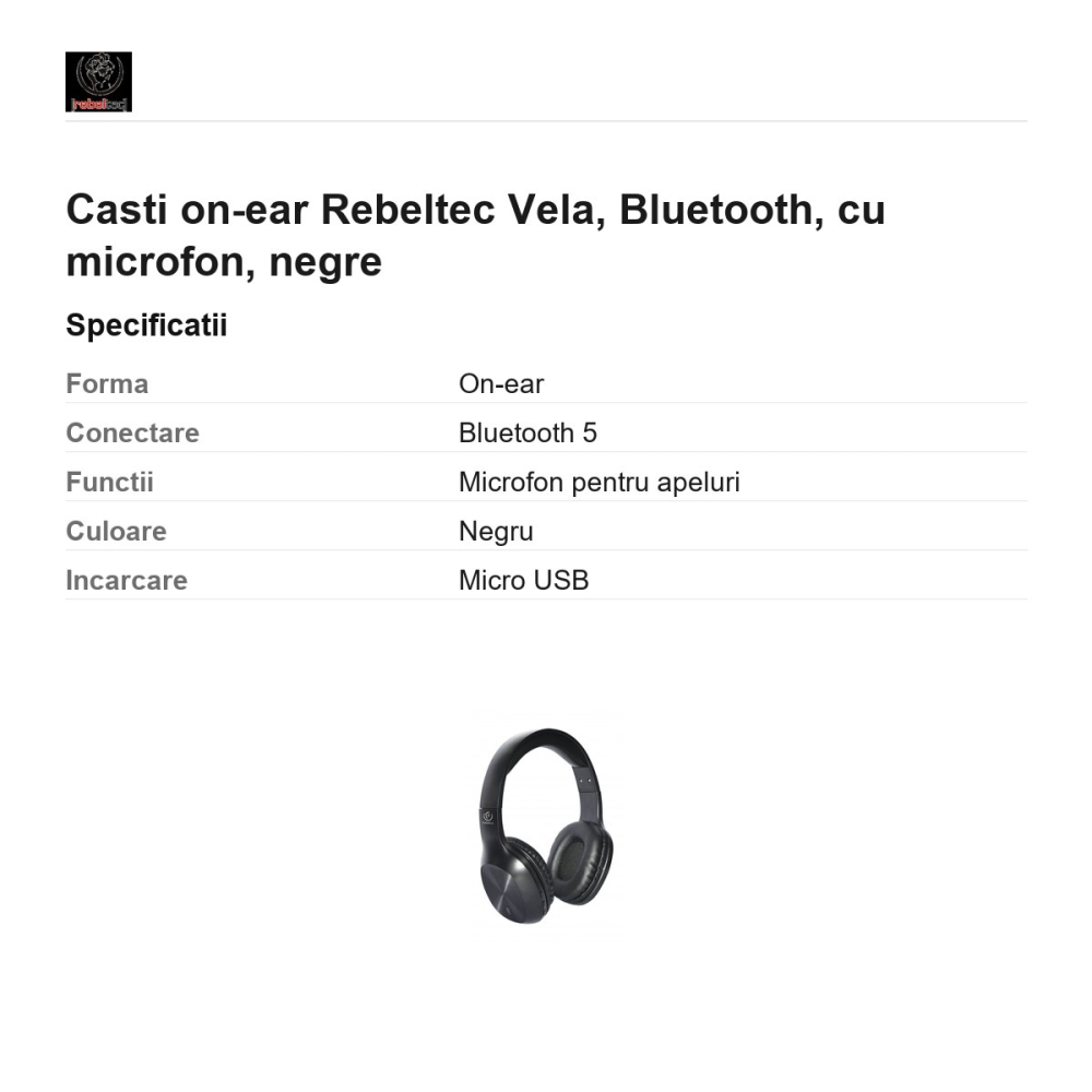 Casti on-ear Rebeltec Vela, Bluetooth, cu microfon, negre [3]