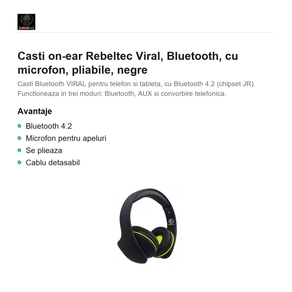 Casti on-ear Rebeltec Viral, Bluetooth, cu microfon, pliabile, negre [2]