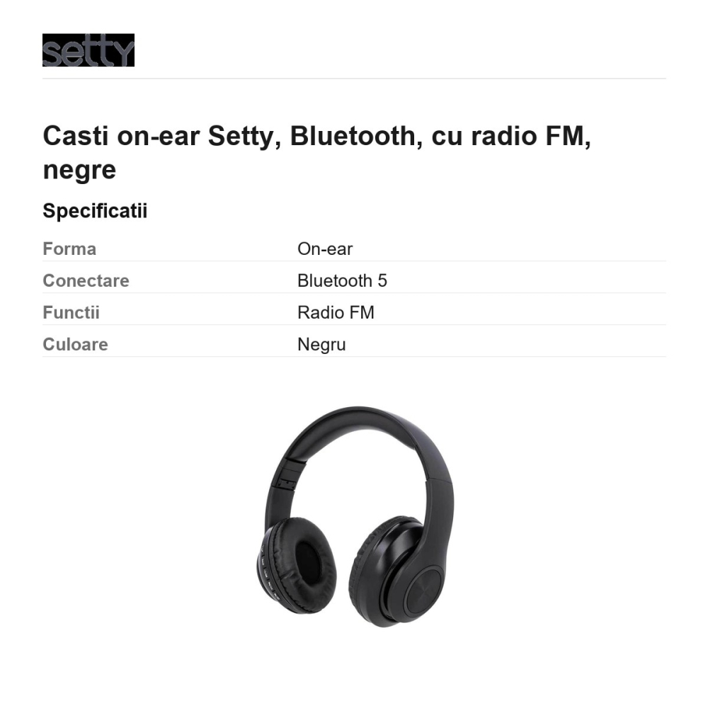 Casti on-ear Setty, Bluetooth, cu radio FM, negre [3]